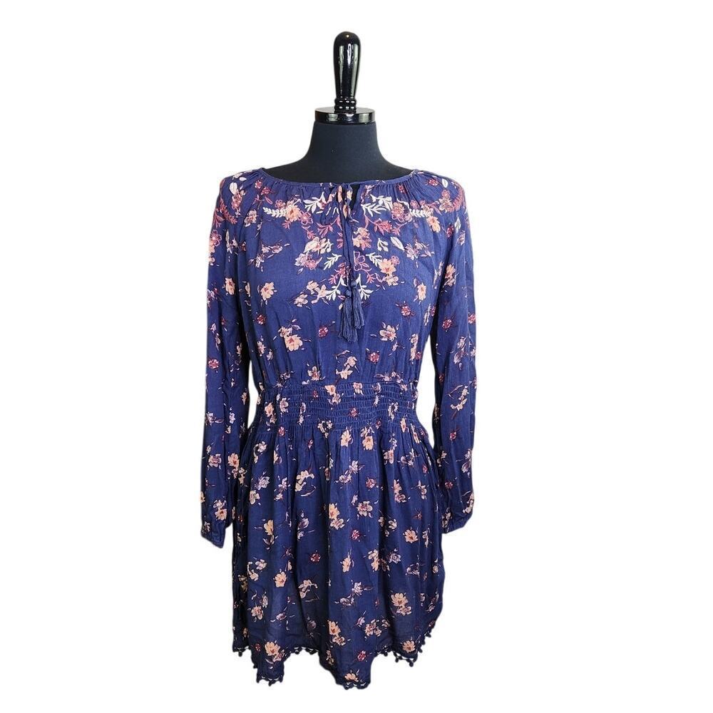 Mason & Belle Floral Mini Dress Peasant Boho Babydoll Embroidered L